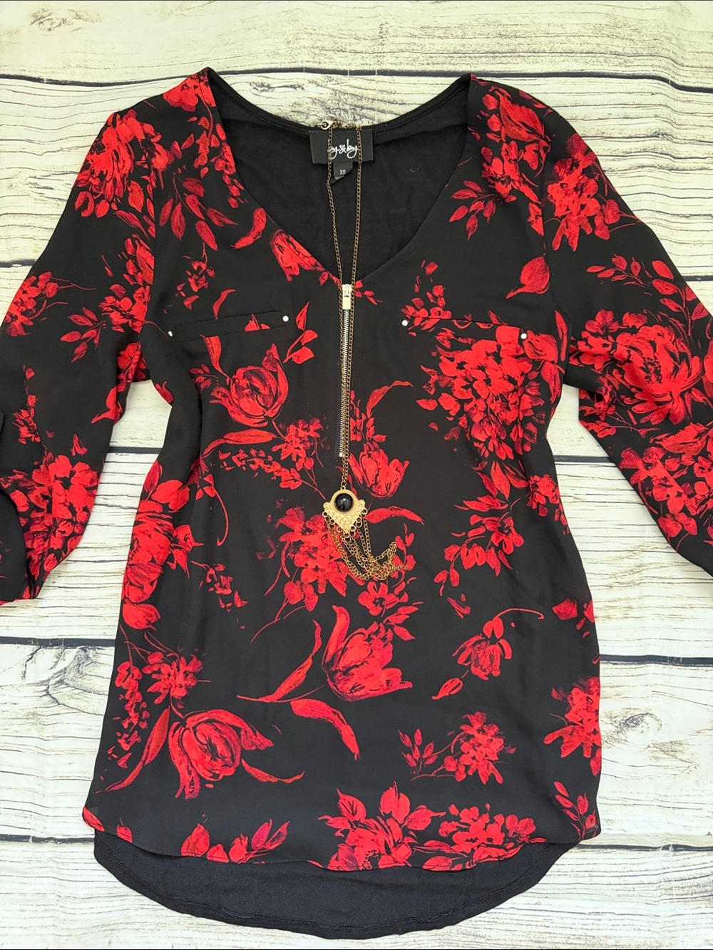 ♡ By&By Black Red Floral V-Neck Women's Sheer Floral Top with Zipper XS